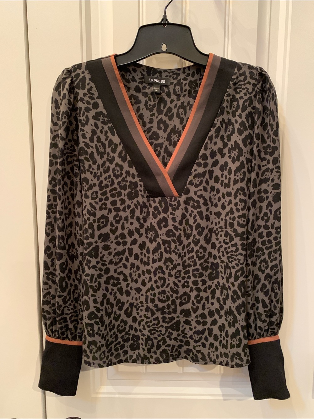 Express Black and Green Leopard V-Neck Blouse with Rust Trim